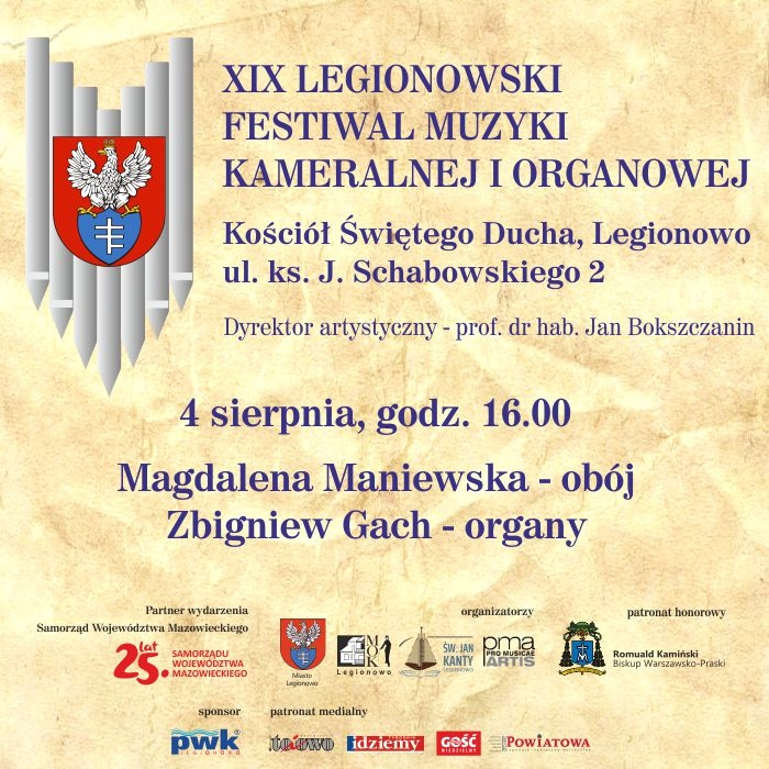 Plakat informujący o XIX Legionowskim Festiwalu Muzyki Kameralnej i Organowej
