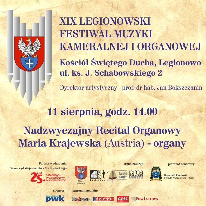 Plakat informujący o XIX Legionowskim Festiwalu Muzyki Kameralnej i Organowej