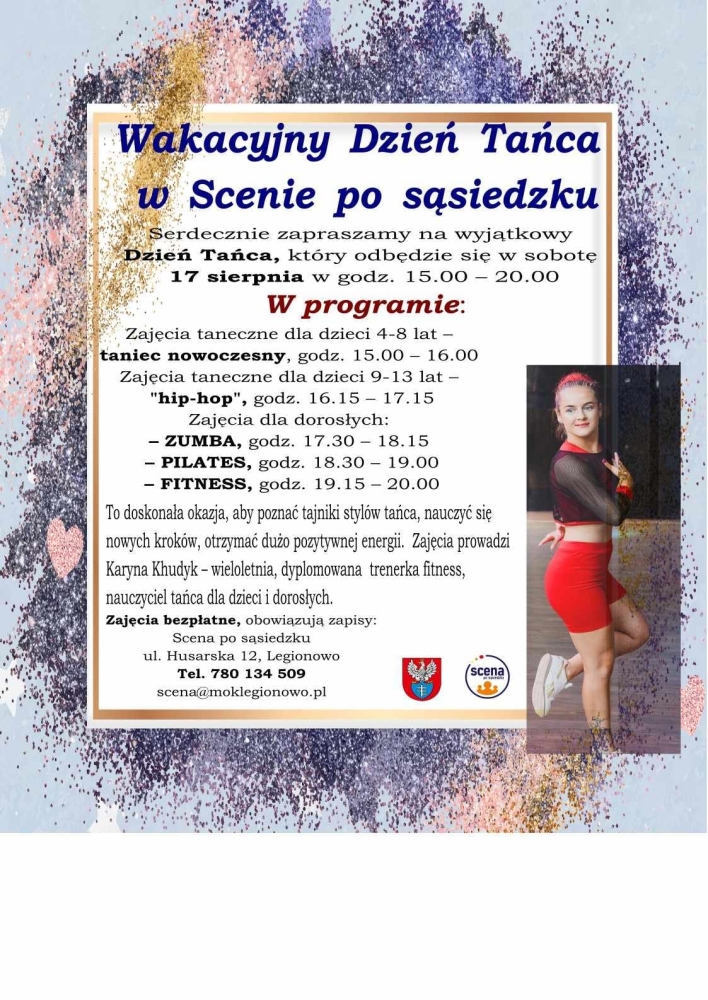 Plakat informujacy o wakacyjnym dniu tańca w scenie po sąsiedzku