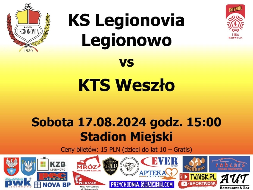 Plakat informujacy o meczu Legionovia Legionowo - KTS Weszło
