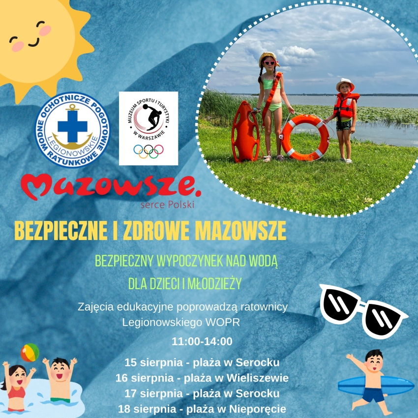 Plakat informujacy o zajęciach z bezpiecznego wypoczynku nad wodą dla dzieci i młodzieży
