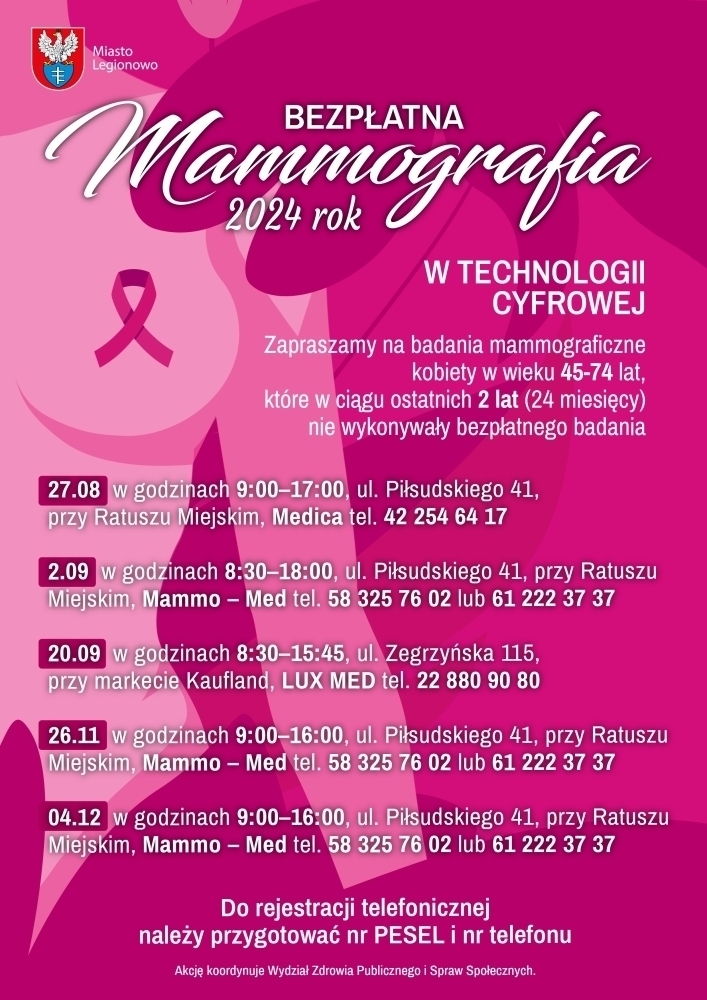 Plakat informujący o terminach badań mammograficznych w Legionowie