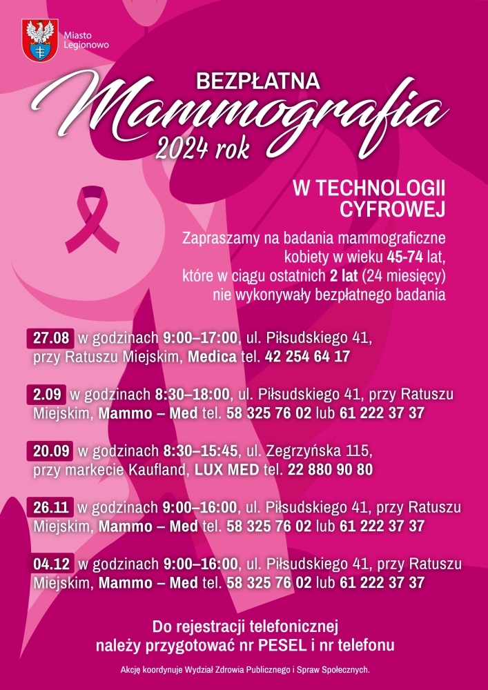 Plakat informujący o terminach badań mammograficznych w Legionowie