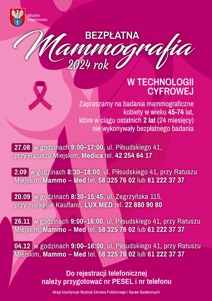 Plakat informujący o terminach badań mammograficznych w Legionowie