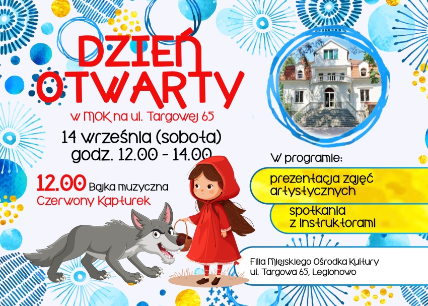 Plakat informujący o dniu otwartym w filii MOK przy Targowej