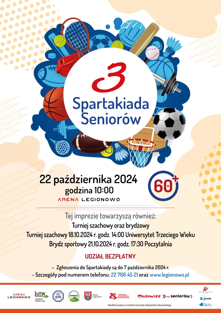 plakat informujący o III Spartakiadzie Seniorów pod patronatem Prezydenta Miasta Legionowo