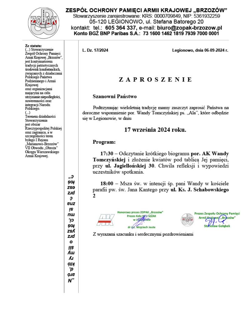 Zaproszenie na Dzień Wandy Tomczyńskiej
