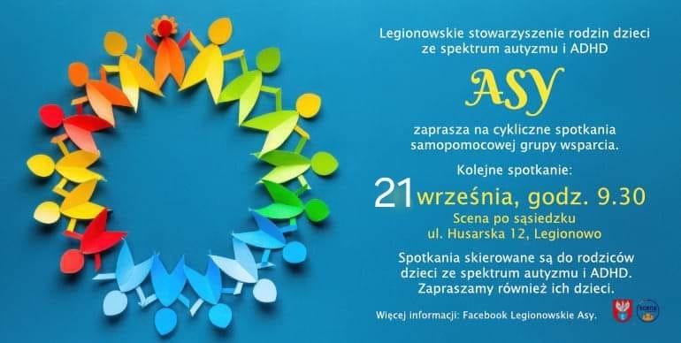 Plakat informujący o spotkaniu rodziców dzieci ze spektrum autyzmu oraz ADHD