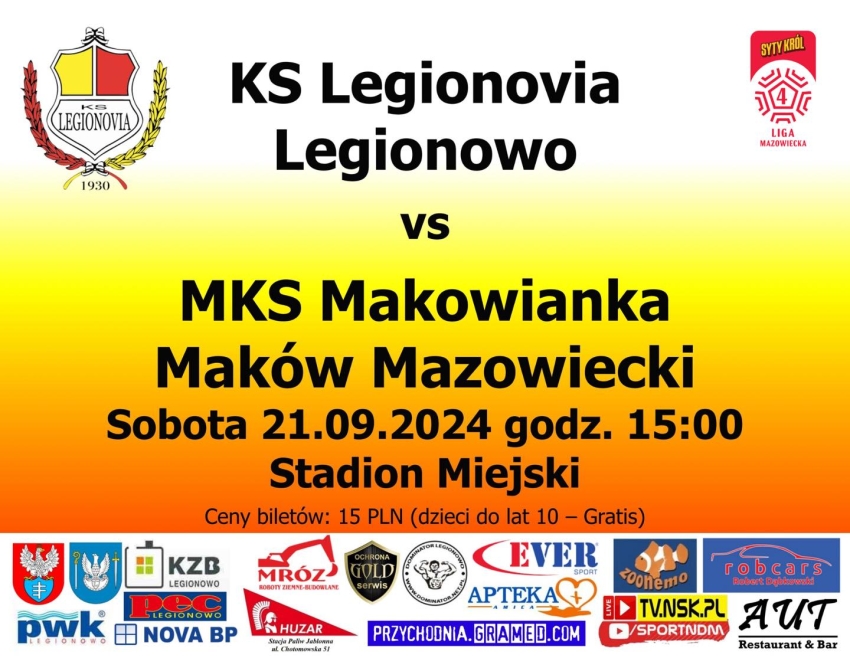 Plakat informujacy o meczu Legionovia Legionowo - Makowianka Maków Mazowiecki