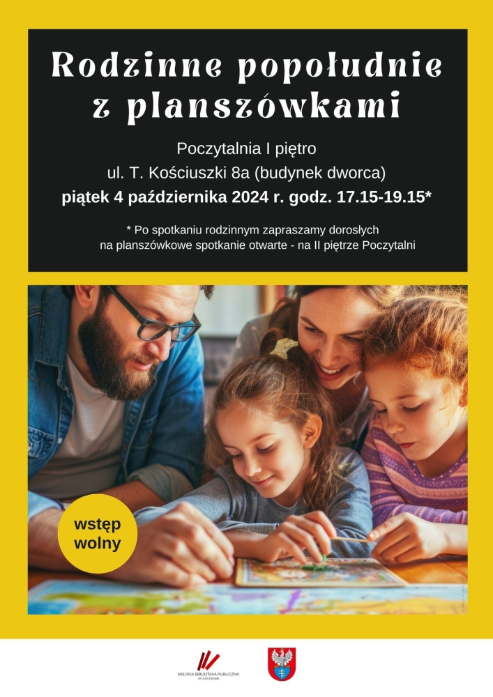 Plakat informujący o rodzinnym popołudniu z planszówkami