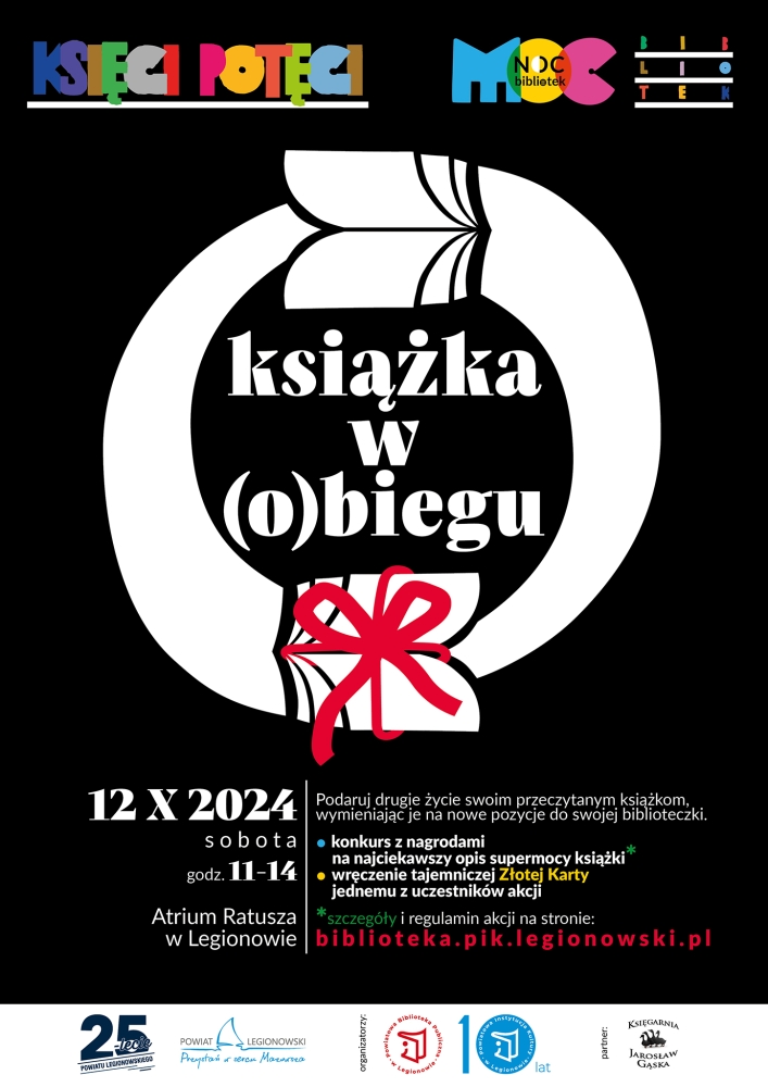 Plakat informujący o nocy bibliotek - Książka w (o)biegu