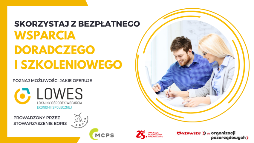 Plakat informujący o bezpłatnym wsparciu doradczym i szkoleniowym dla organizacji pozarządowych, spółek non profit czy spółdzielni socjalnych