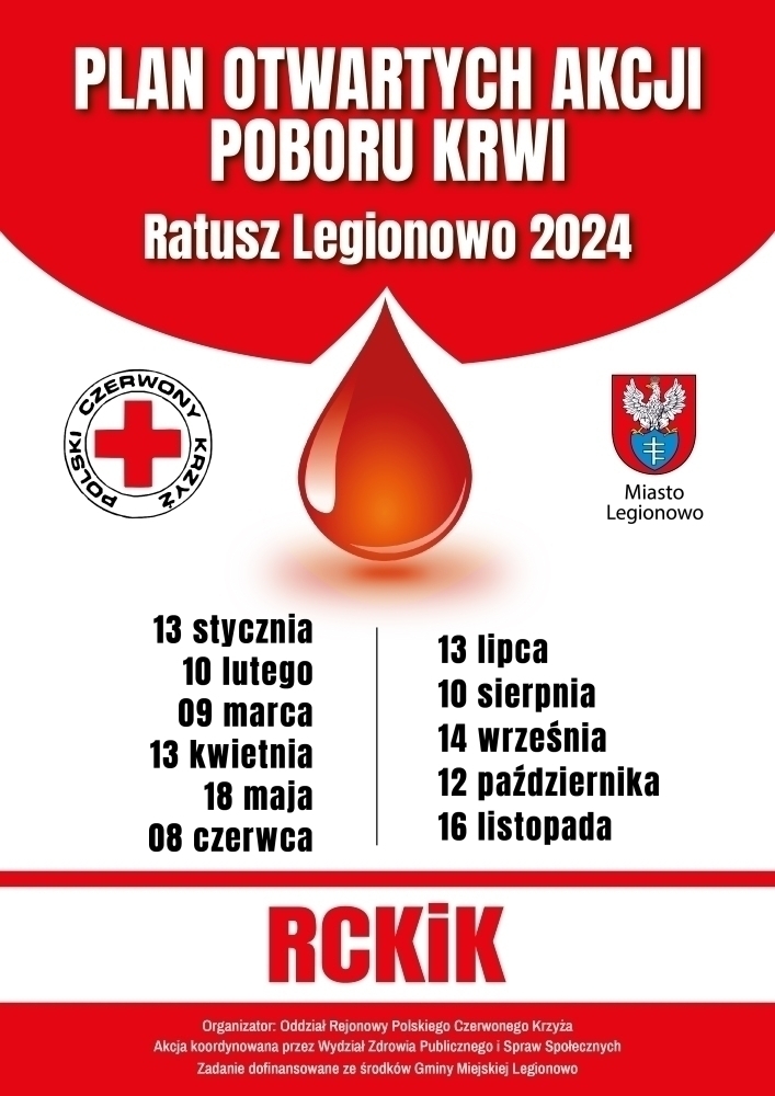 Grafika informująca o poborach krwi w Legionowie