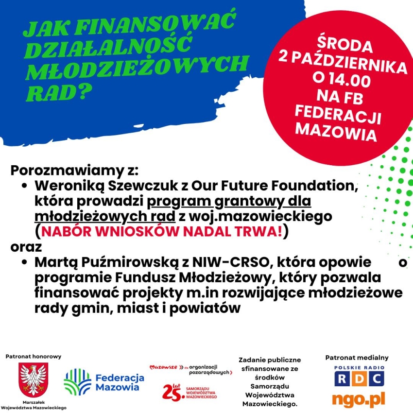plakat informujący o webinarium - Jak finansować działalność młodzieżowych rad?