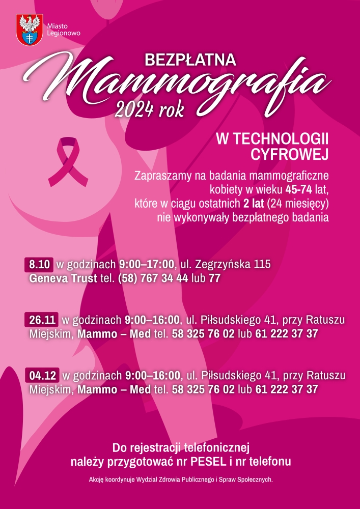 Plakat informujący o terminach badań mammograficznych w Legionowie