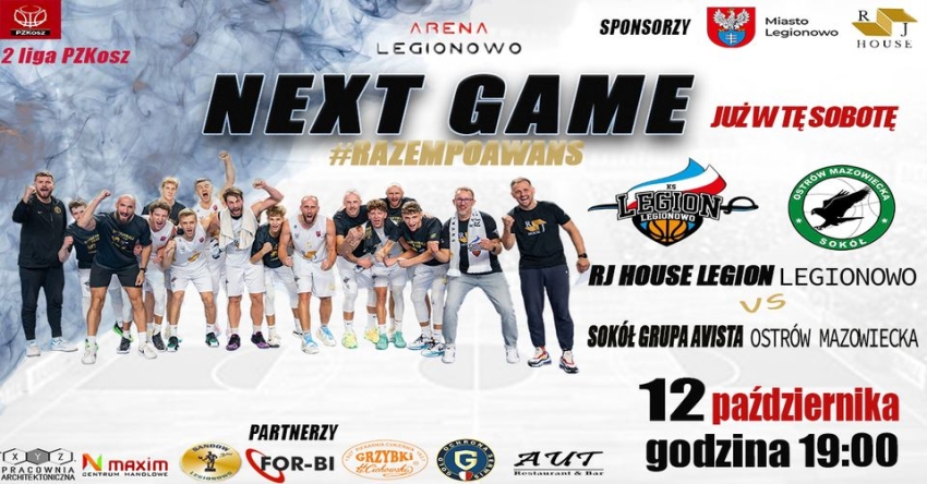 Plakat promujący mecz RJ House Legion Legionowo -Sokół Grupa Avista Ostrów Mazowiecka