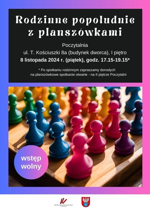 Plakat informujący o rodzinnym popołudniu z planszówkami