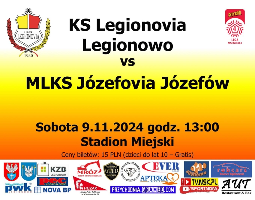 Plakat informujacy o meczu Legionovia Legionowo -  MLKS Józefovia Józefów