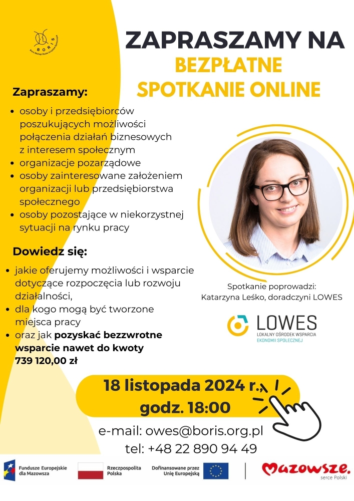Plakat informujący o Bezpłatne spotkanie online z Lokalnym Ośrodkiem Wsparcia Ekonomii Społecznej