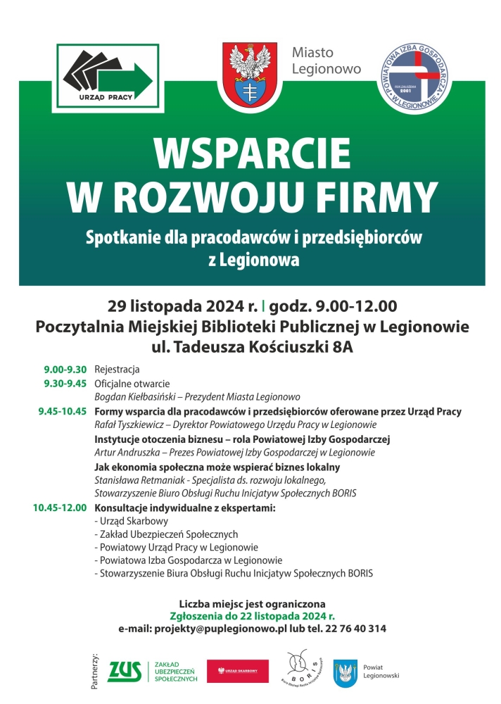 Plakat promujący spotkanie - Wsparcie w rozwoju firmy