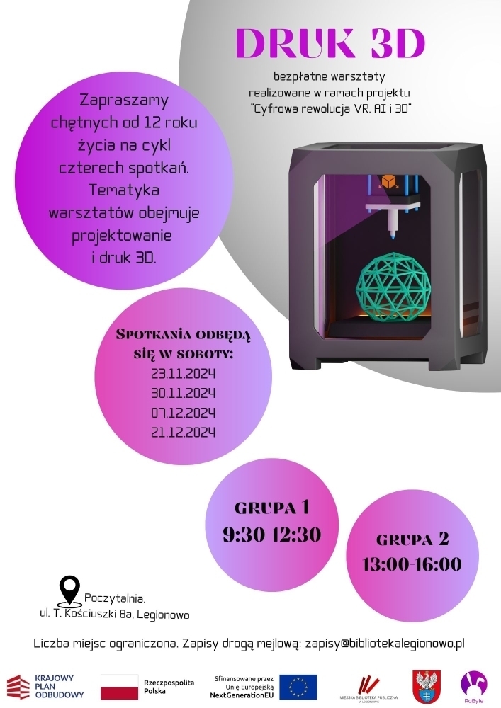 Plakat informujący o bezpłatnych warsztatach Druk 3D