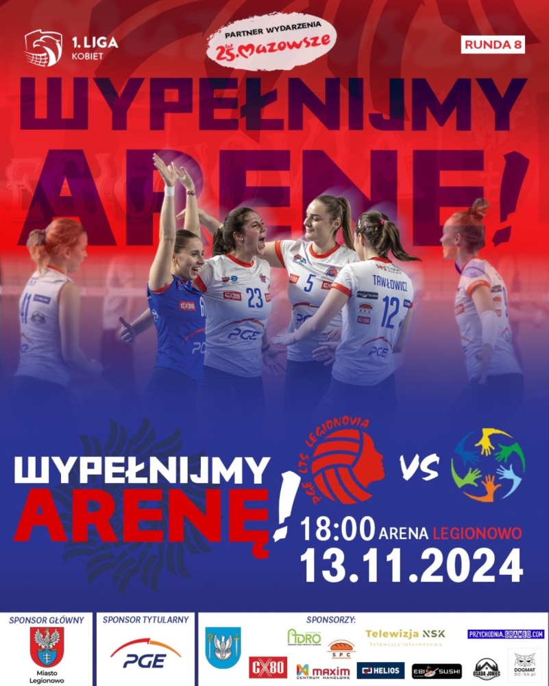 Plakat informujący o meczu: LTS Legionovia - Eco Harpoon LoS Nowy Dwór Mazowiecki