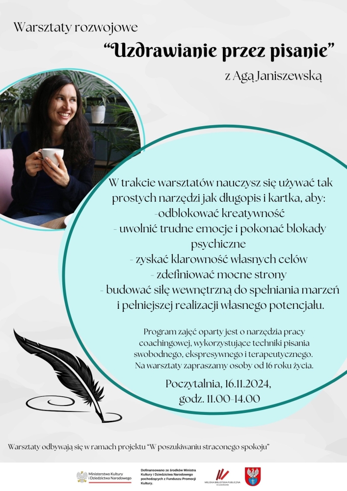 Plakat informujący o warsztatach uzdrawianie przez pisanie