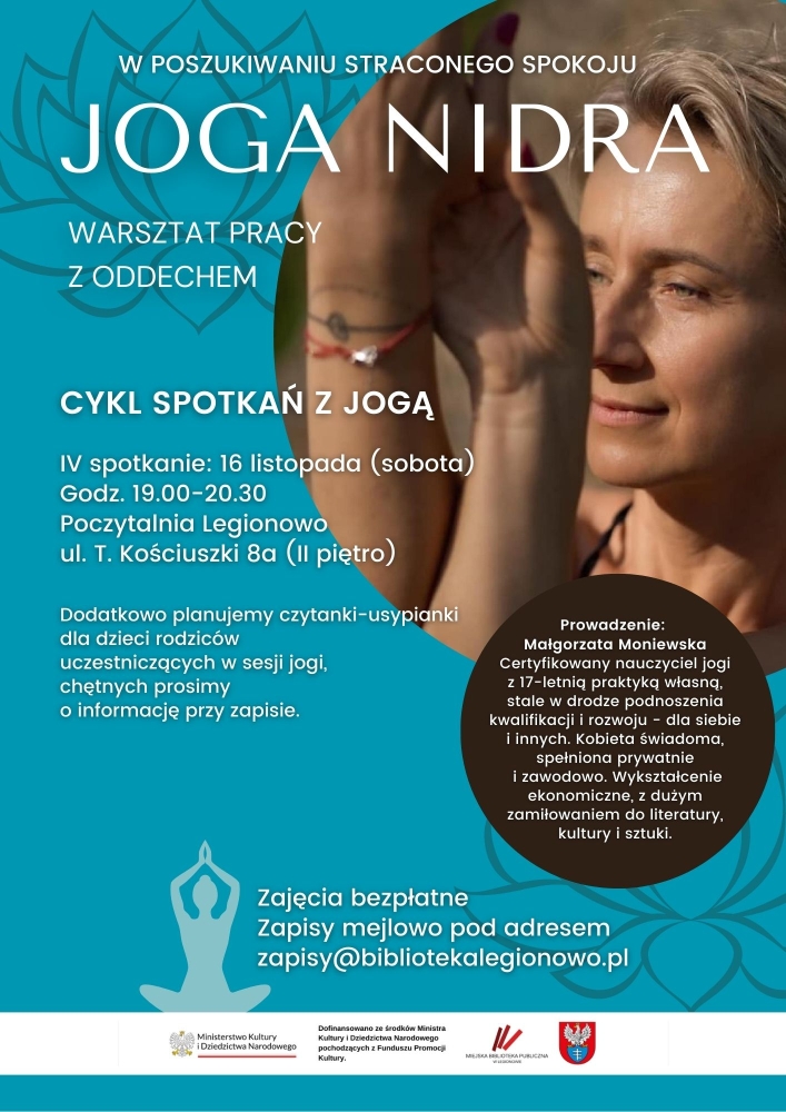 Plakat informujący o relaksie z literaturą i jogą nidrą