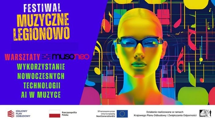 Plakat informujący o nowoczesne technologie - AI w muzyce - warsztat online