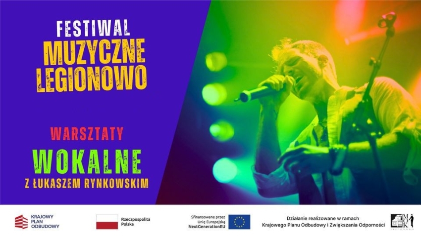 Plakat informujący o warsztatach - technika wokalna w muzyce - Muzyczne Legionowo