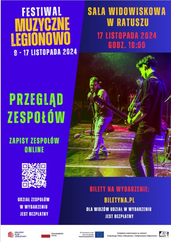 Plakat informujący o Przeglądzie zespołów muzycznych - MUZYCZNE LEGIONOWO