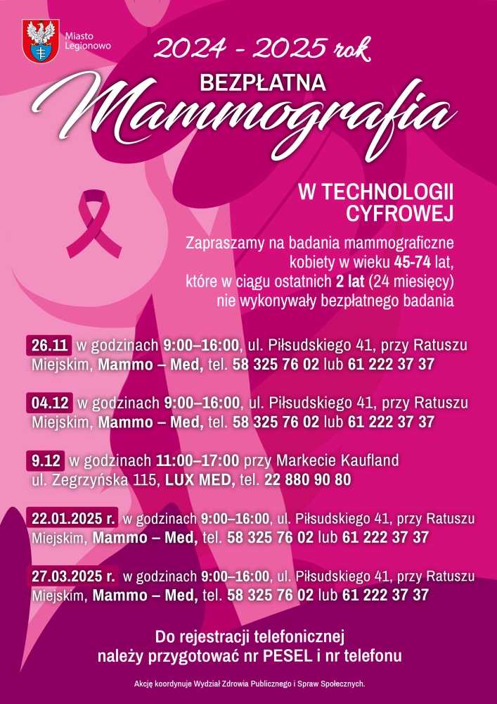 Plakat informujący o terminach badań mammograficznych w Legionowie