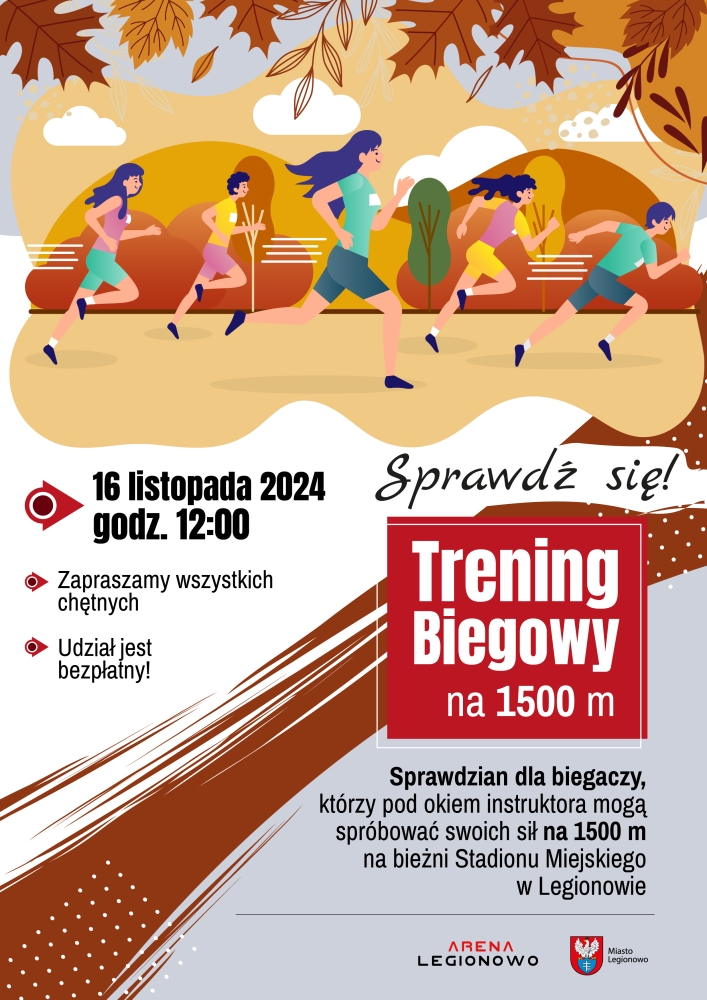 Plakat informujący o treningu biegowym na 1500 m w Legionowie