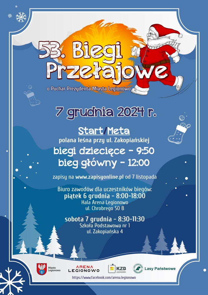 Plakat promujący Mikołajkowe 53. Biegi Przełajowe w Legionowie