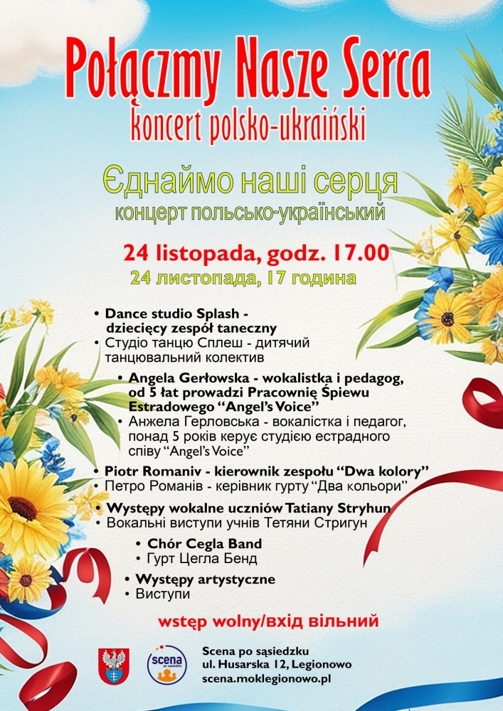 Plakat informujący o wydarzeniu muzycznym Połączmy Nasze Serca - koncert polsko-ukraiński