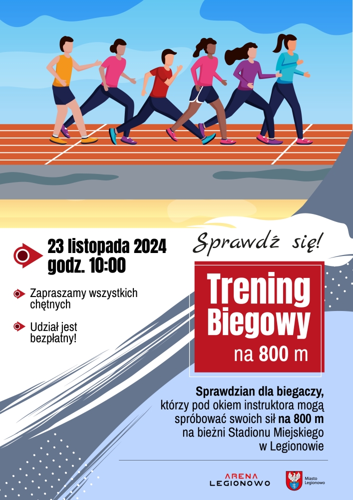 Plakat informujący o treningu biegowym na 800 m w Legionowie