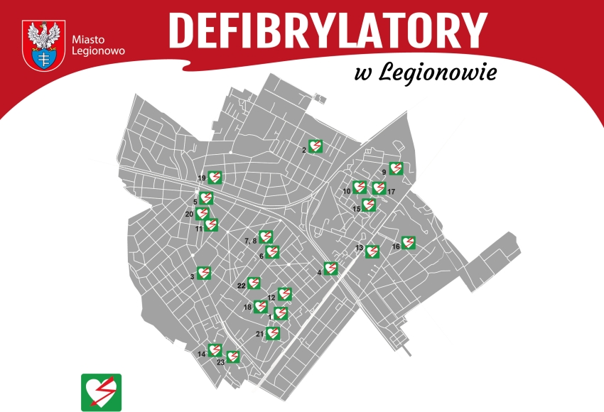 Mapa Legionowa z punktami oznaczającymi defibrylatory