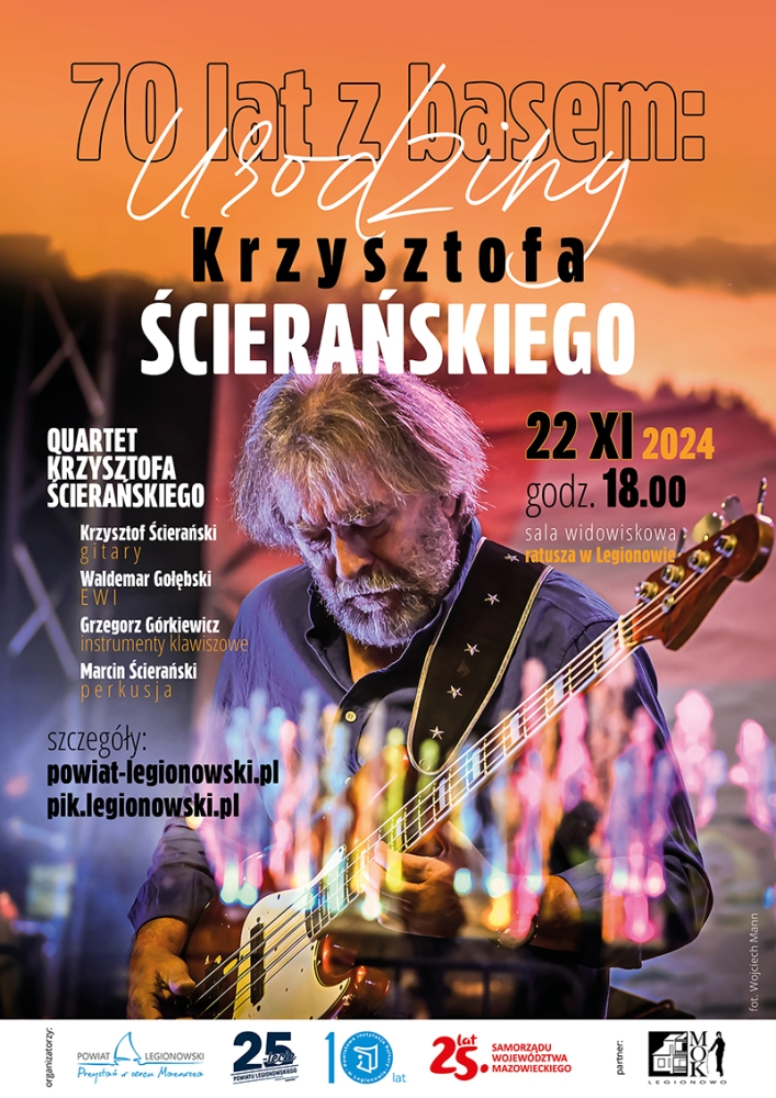 Plakat informujący o 70 lat z basem: Urodziny Krzysztofa Ścierańskiego