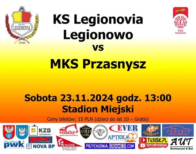 Plakat informujacy o meczu Legionovia Legionowo -  MKS Przasnysz