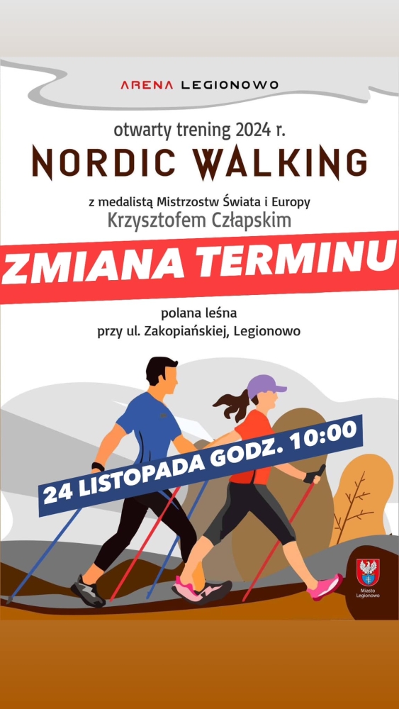 Plakat promujący Otwarty Trening Nordic Walking
