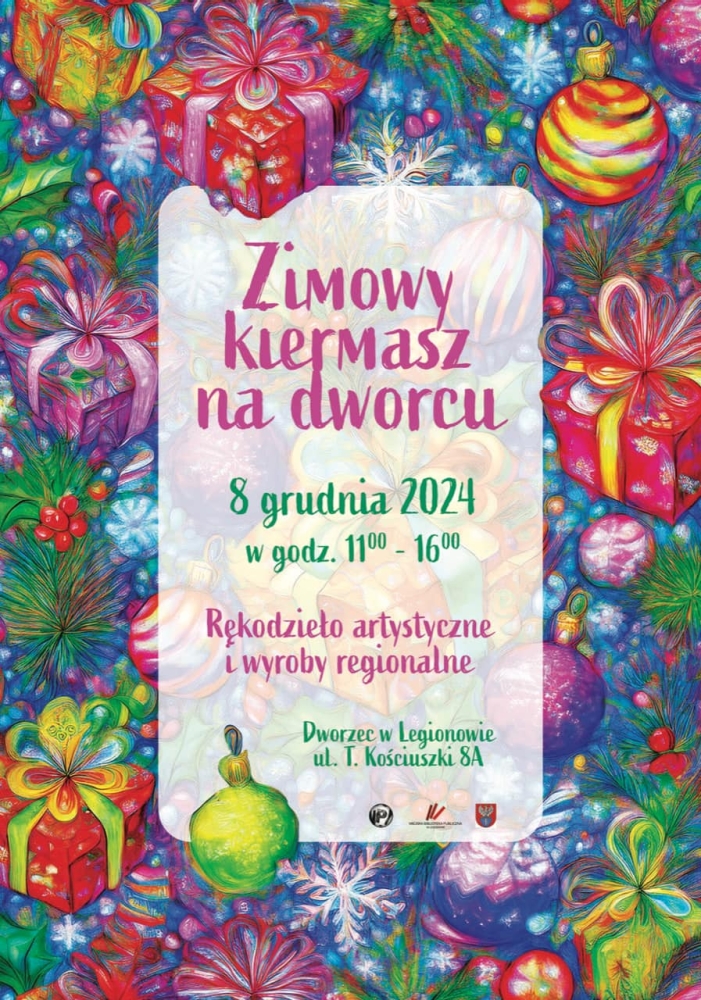 Plakat informuujący o zimowym kiermaszu na dworcu