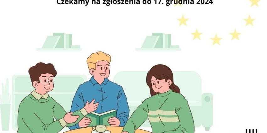 Trzy rysunkowe osoby, w tle gwiazdki Unii Europejskiej
