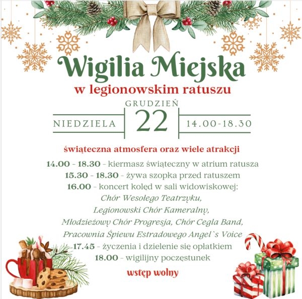 Plakat informujący o Wigilii Miejskiej w legionowskim ratuszu