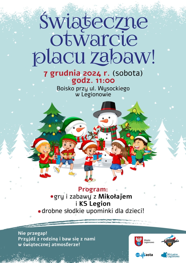 Plakat informujący o świątecznym otwarciu placu zabaw