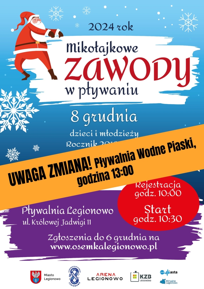 Plakat informujący o mikołajkowych zawodach w pływaniu dla dzieci i młodzieży 2024