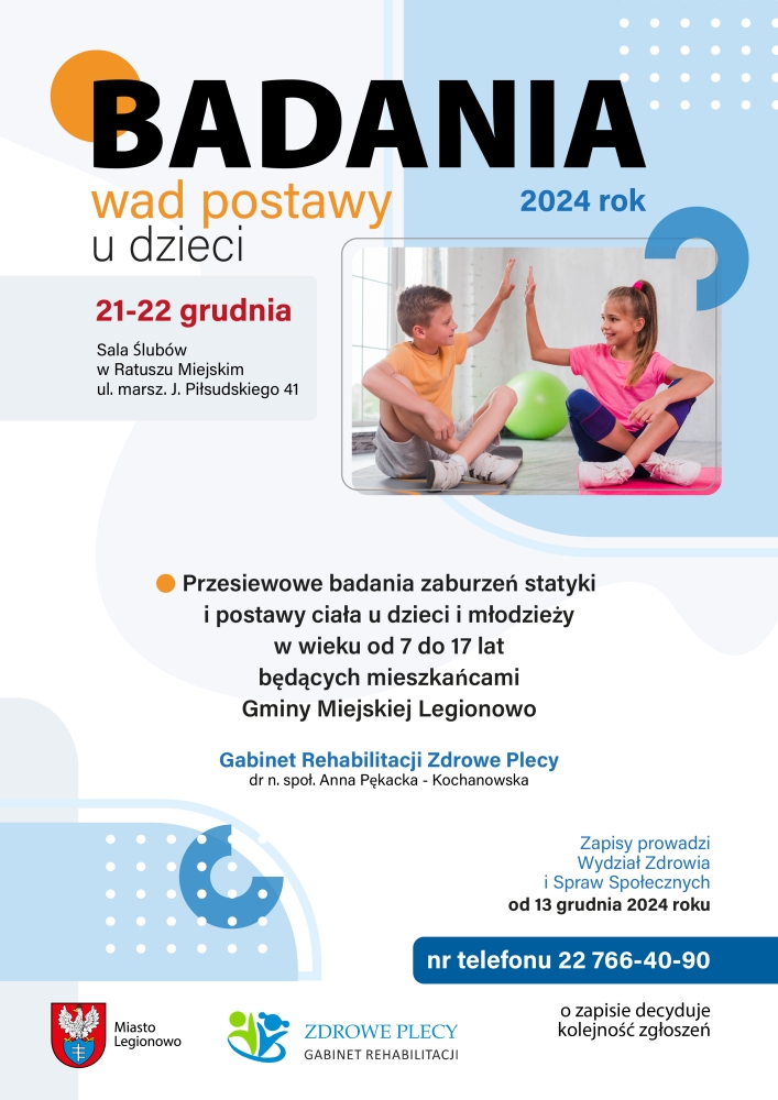 Plakat informujący o bezpłatnych badaniach wad postawy u dzieci
