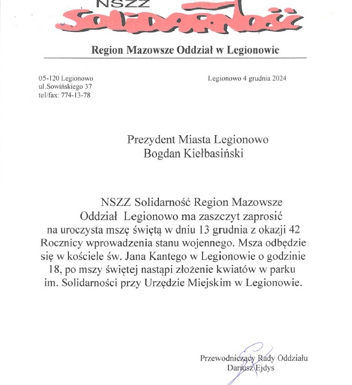Zaproszenie NSZZ Solidarność na uroczystości
