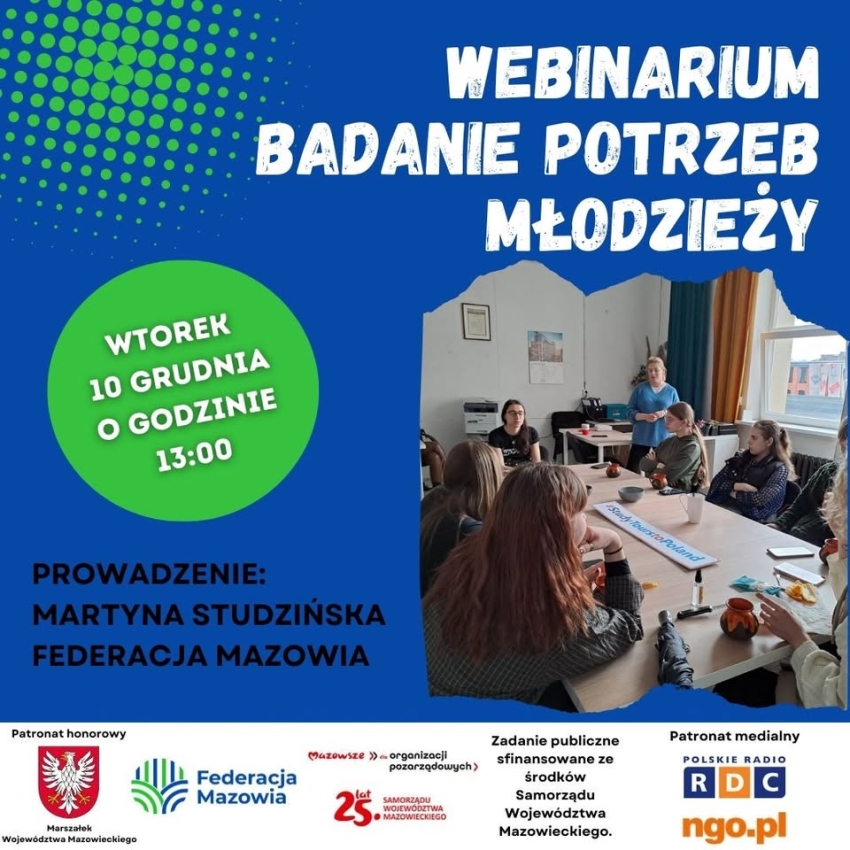 Plakat informujący o webinarze jak badać potrzeby młodzieży?