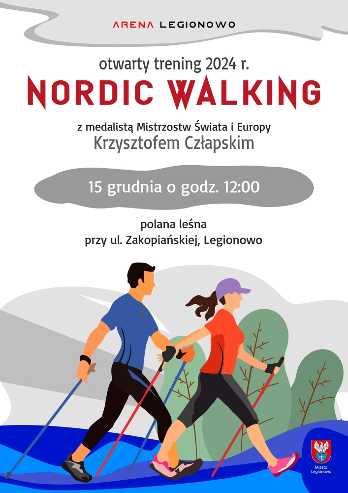 Plakat promujący Otwarty Trening Nordic Walking