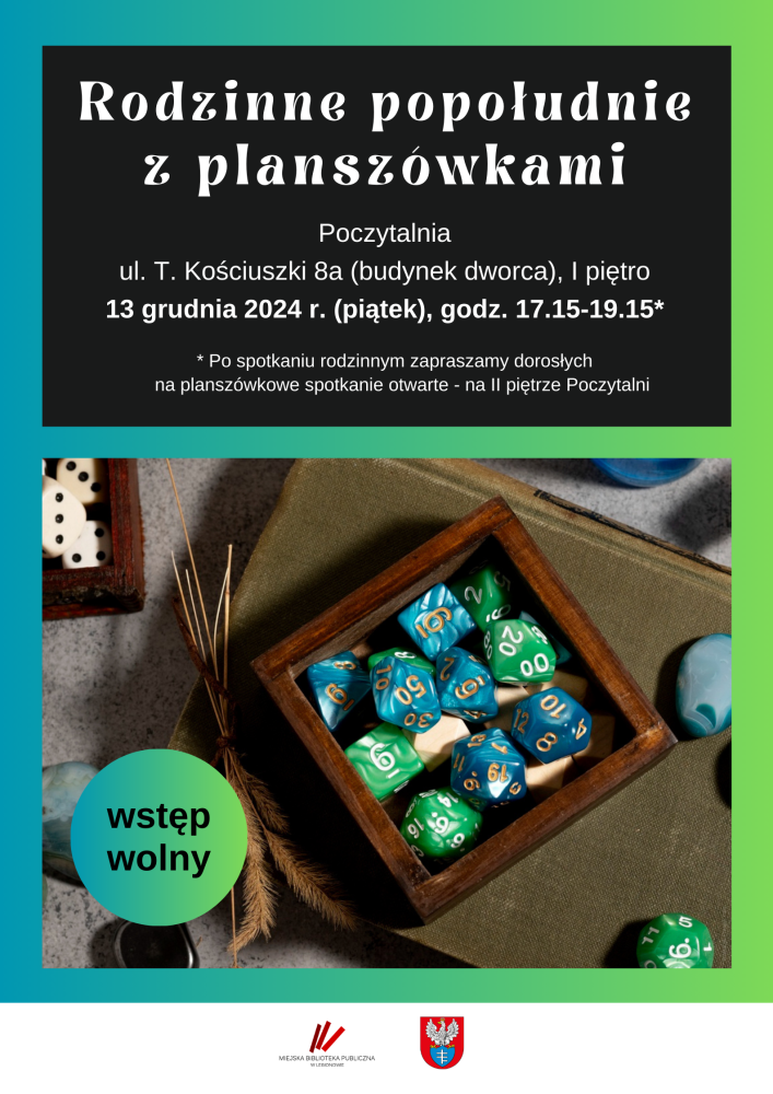 Plakat informujący o rodzinnym popołudniu z planszówkami